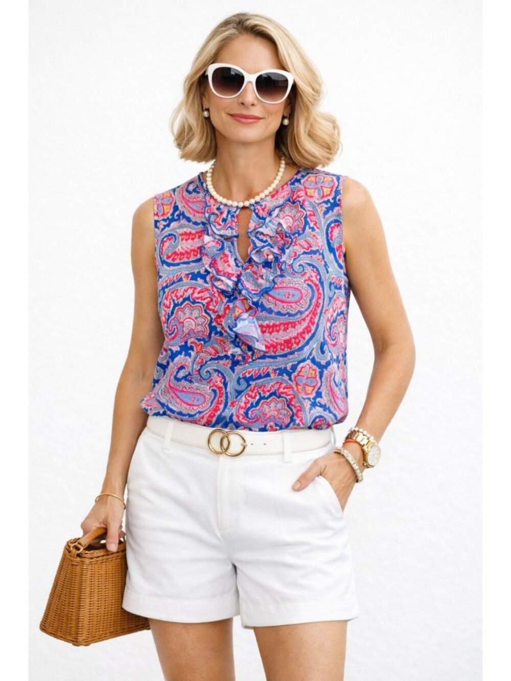 Ralph Lauren Sleeveless Money Ruffled Floral Paisley Cotton Knit Top Womens 2XL